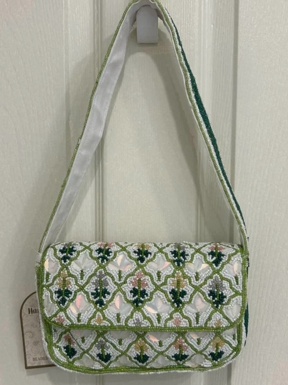 Beaded White and Green Floral Crossbody Bag Viral NWT